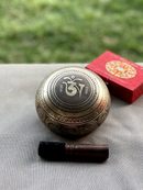Etched Singing Bowl with Cushion and Mallet, 5 inch Asta Mangal, Endless Knot and Om