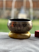 Etched Singing Bowl with Cushion and Mallet, 5 inch Asta Mangal, Endless Knot and Om