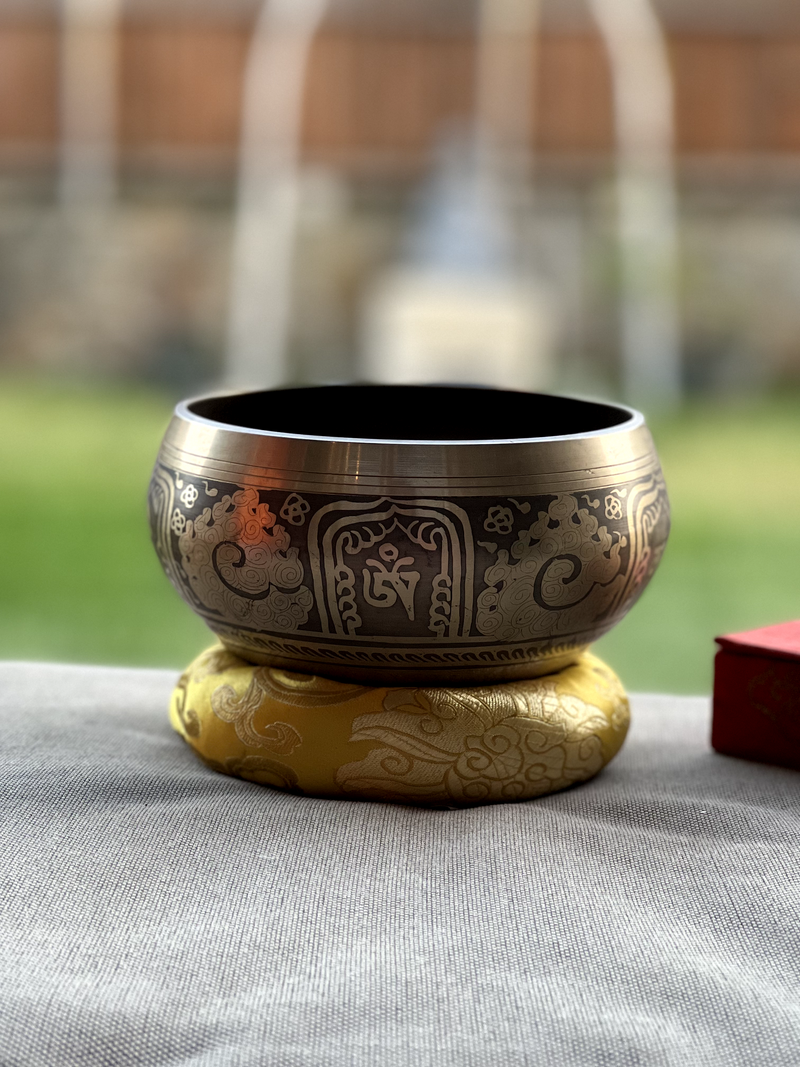 Etched Singing Bowl with Cushion and Mallet, 5 inch Asta Mangal, Endless Knot and Om