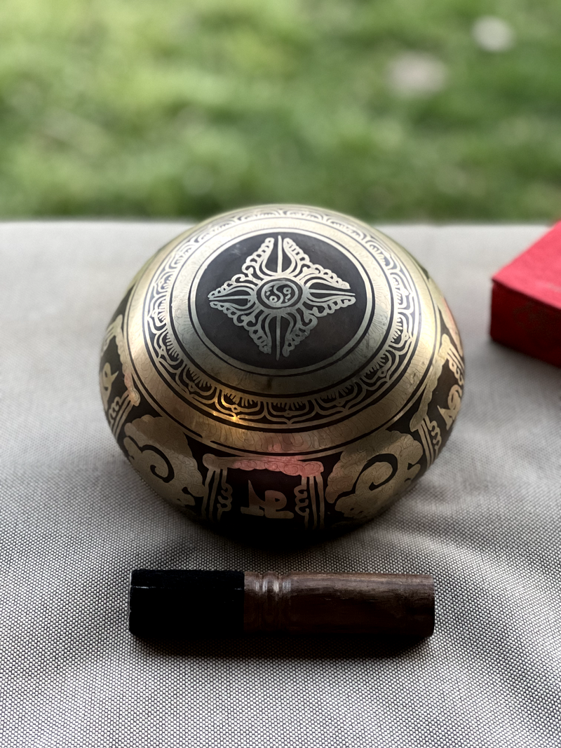 Etched Singing Bowl with Cushion and Mallet, 6 inch Om Mane Padme Hum and Double Dorje
