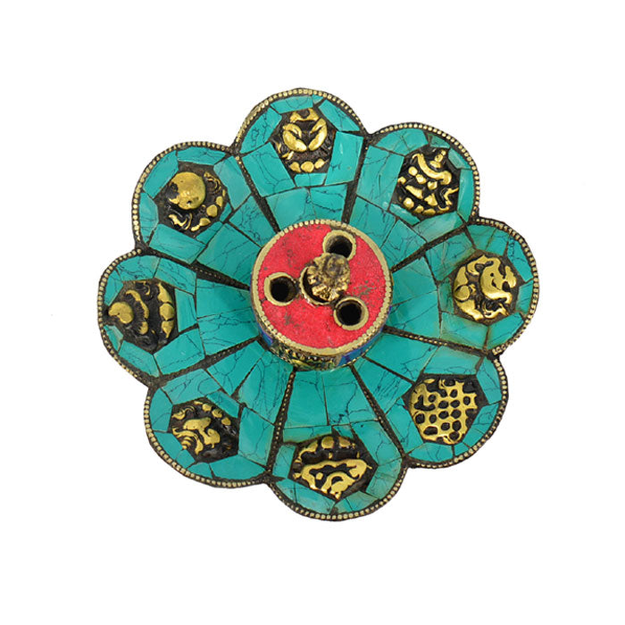 Copper Tibetan 8 Auspicious Symbol Incense Burner & Candle Holder