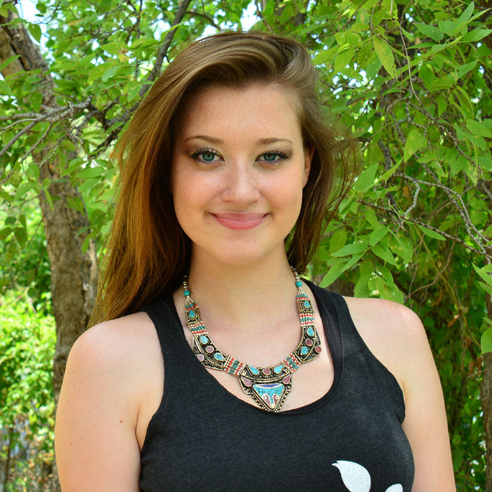 Ethnic Tibetan Handmade Necklace with Turquoise, Lapis & Coral Inlays