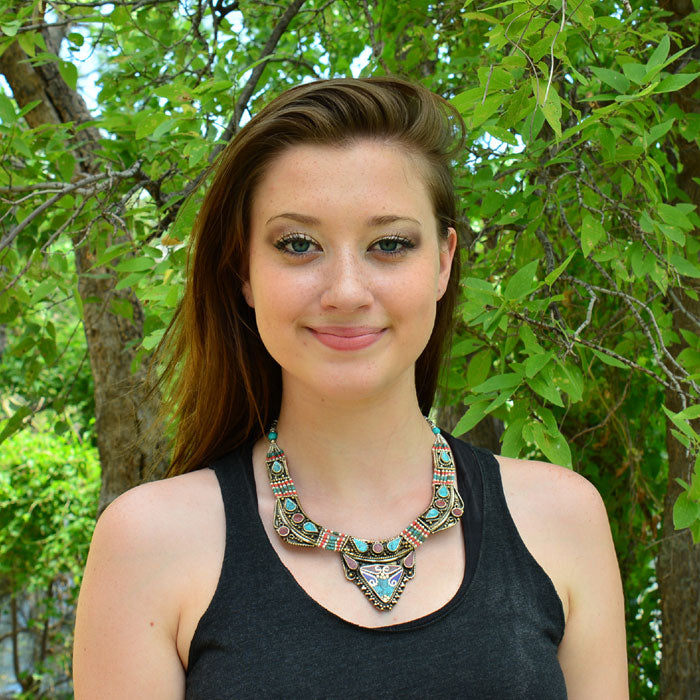 Ethnic Tibetan Handmade Necklace with Turquoise, Lapis & Coral Inlays