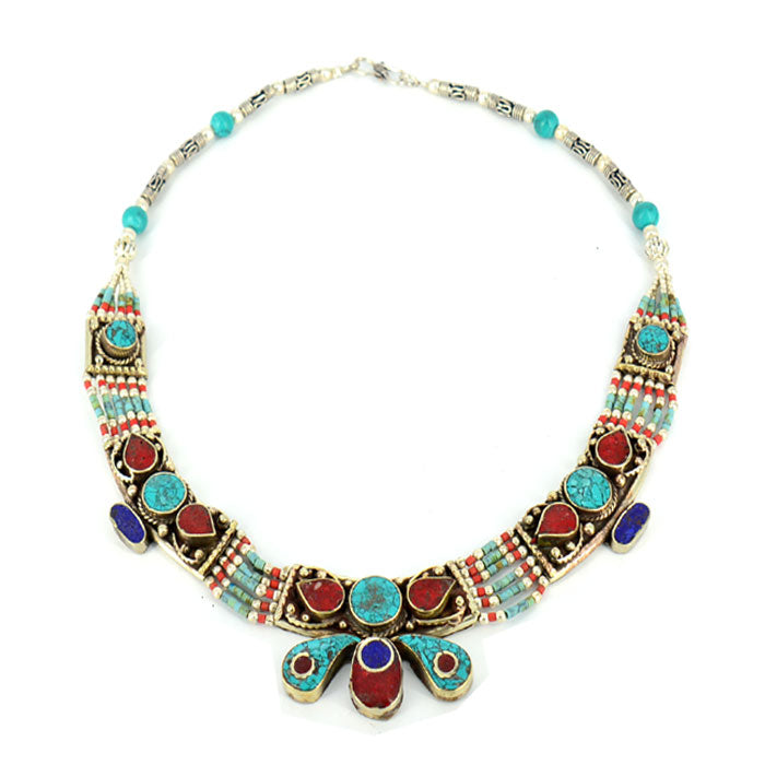 Ethnic Tibetan Handmade Necklace with Turquoise, Lapis & Coral Inlays