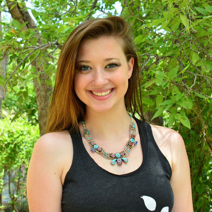 Ethnic Tibetan Handmade Necklace with Turquoise, Lapis & Coral Inlays