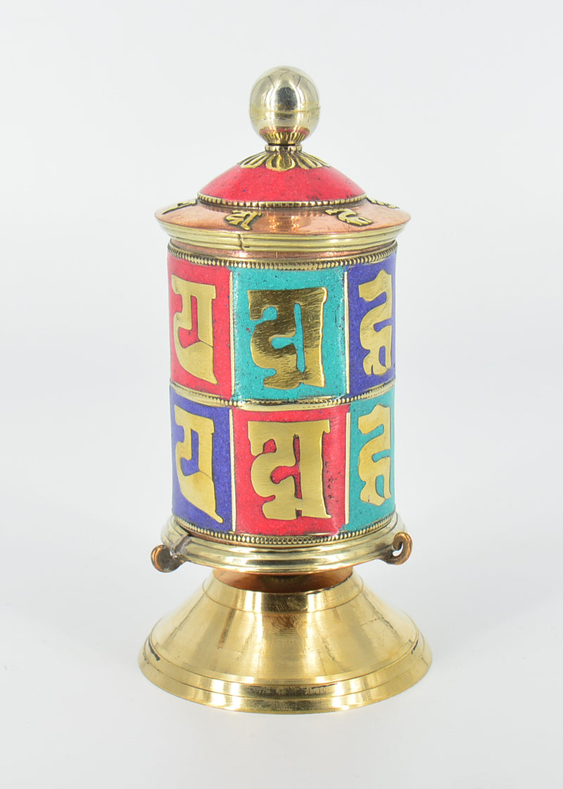 Copper and Brass Prayer Wheel with Turquoise, Coral & Lapis